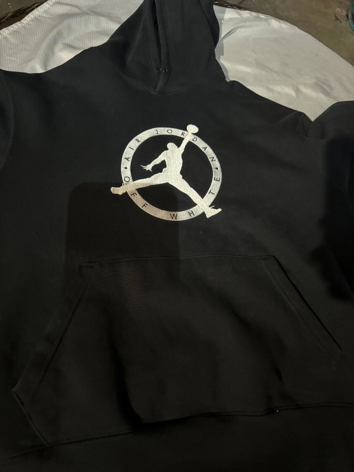 OFF WHITE Felpa con cappuccio Nike Air Jordan x Off bianca pullover pile nera da uomo taglia Lg *leggi sotto*