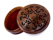VTG Uzbek Wooden Box Hand Carved Walnut Trinket Jewelry Floral Design Uzbekistan