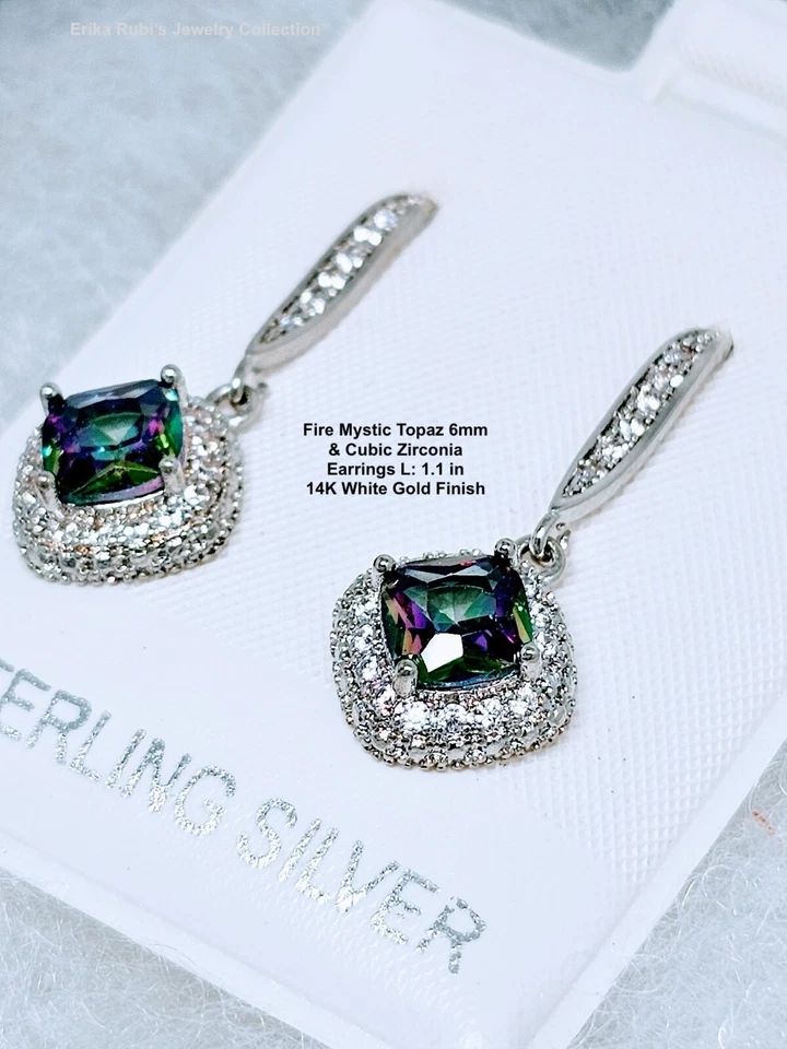 Pendientes de circonita cúbica de topacio místico fuego corte cojín de 4 quilates acabado de oro blanco de 14 quilates de 1 pulgada, plata Foto 2 de 4