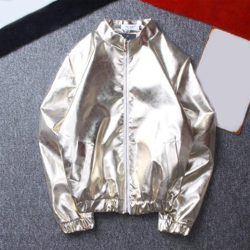 Men Shiny Bomber Jacket Silver Gold 