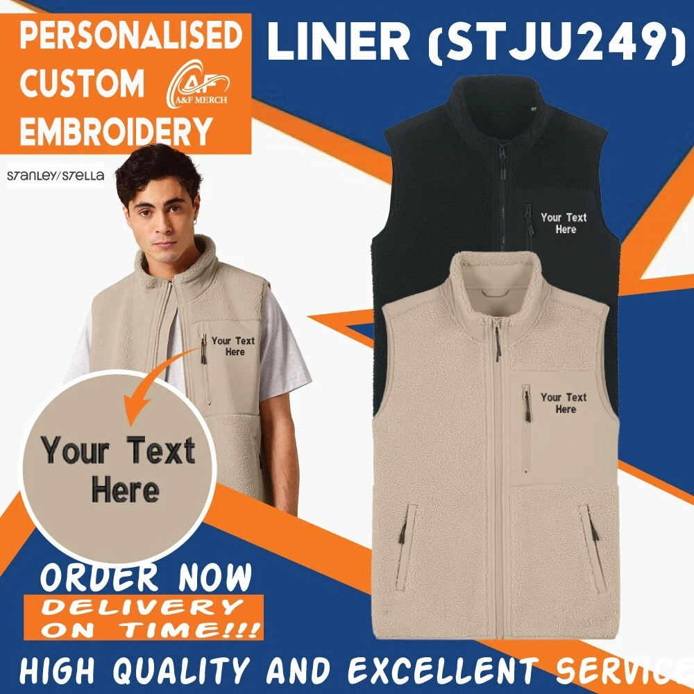 Personalised Embroidered Liner Sleeveless Sherpa Jacket Lightweight Unisex