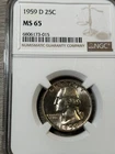1959-D  25C WASHINGTON SILVER QUARTER GEM MINT STATE - NGC MS65.