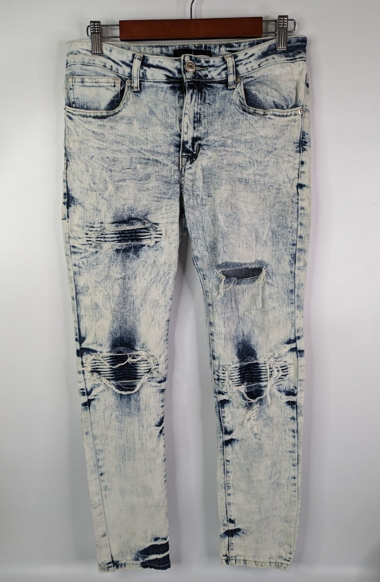 Forever 21 Men Denim Bleached Distressed Skinny Jeans Ribbed Moto