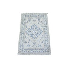 1'10" x 3' White Pure Wool White Wash White Hand Knotted Mat Oriental Rug R88424
