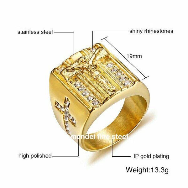 Alternate view of Mendel Mens Gold Plated Jesus Cross Crucifix Ring Size 8-15