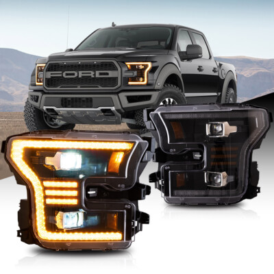 FULL LED Black Headlights For Ford F150 2015-2017 w/Amber DRL Startup Animation