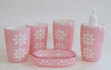 5 PC SET BABY PINK+WHITE FLOWER RESIN SOAP DISPENSER+DISH+2 TUMBLER+TOOTHBRUSH
