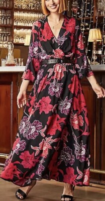 Kaleidoscope Red/Black Floral Print Frill Sleeve Maxi Dress Size 12