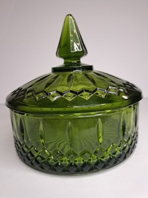 VTG MCM Indiana Glass Olive Green Diamond Point Lidded Candy Dish Compote