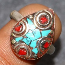 Nepali Tribal Nepali Tribal Tibetan Turquoise Red Coral Ring US 9 GW