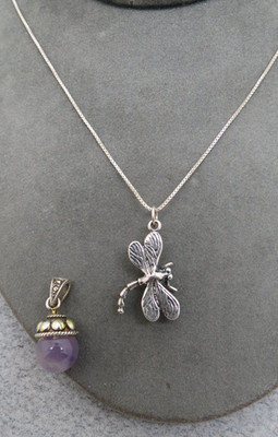 Lot 2 Pendants Sterling Silver Dragonfly Amethyst Ball Box Chain