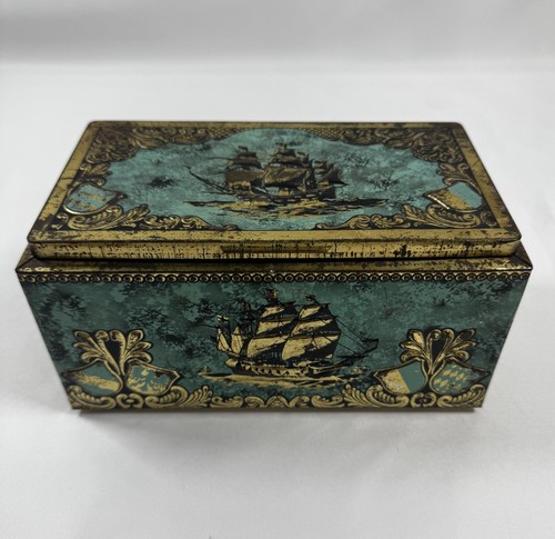Vintage Tin Cigar Container Made In West Germany Ship Motif Green Teal Gold 8"L