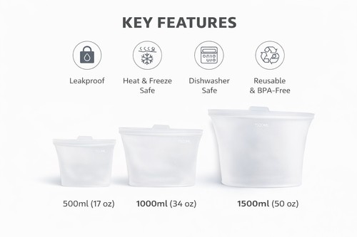 Reusable Silicone Food Storage Bags 6 Pack Leakproof BPA-Free 17oz 34oz 50oz - Picture 7 of 12