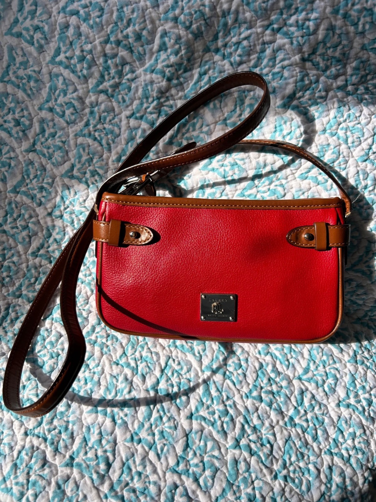Lauren Ralph Lauren Red Leather Shoulder Bag Brown Trim Classic Handbag