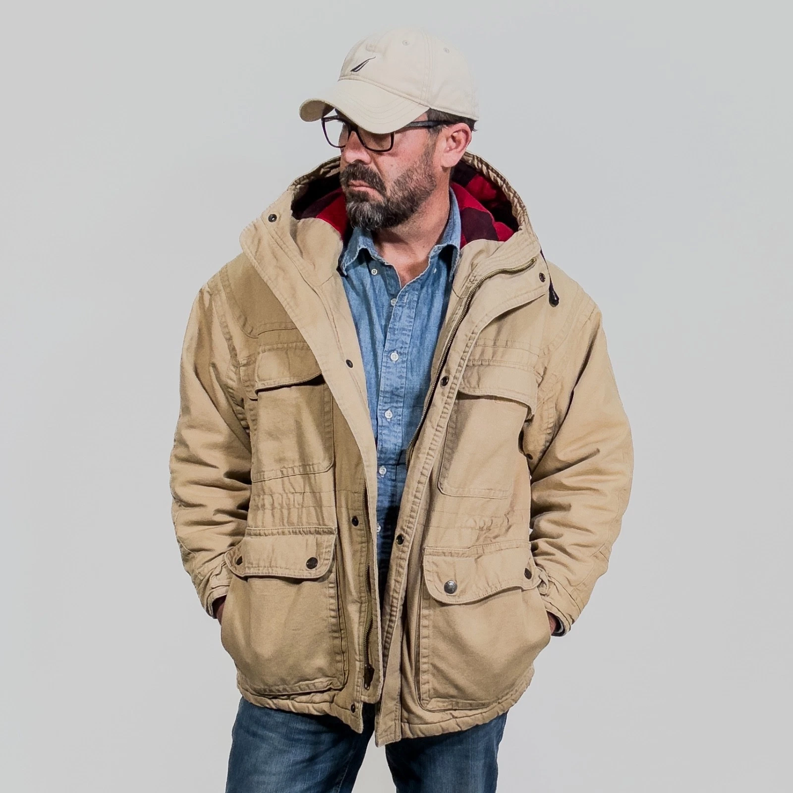St. Johns Bay Canvas Work Jacket Quilted Fleece Lined M Cargo Pockets Chore Barn