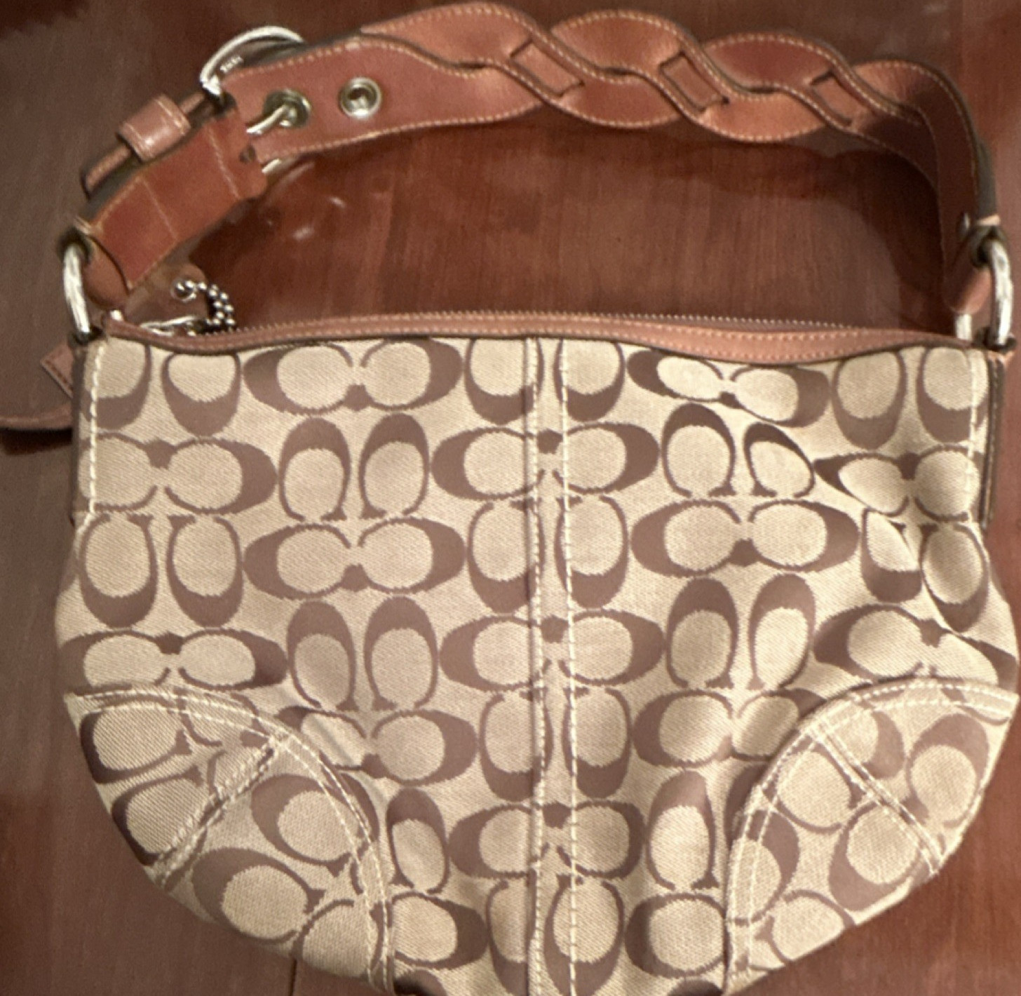Coach C Signature Brown Unique Shoulder Bag Braided Leather Strap Excellent