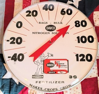 RARE Vintage "DAVCO" NITROGEN FERTILIZER 18" Round THERMOMETER SIGN....NICE!