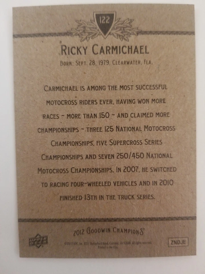2012 Upper Deck Champions Motocross Ricky Carmichael #122 RC SUPERCROSS Mx SX 2 - Image 2 of 2