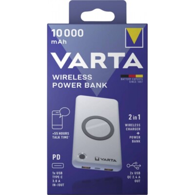 Varta - Wireless Power Bank + Ladekabel - 10000 mAh - Batteriestatusanzeige-weiß