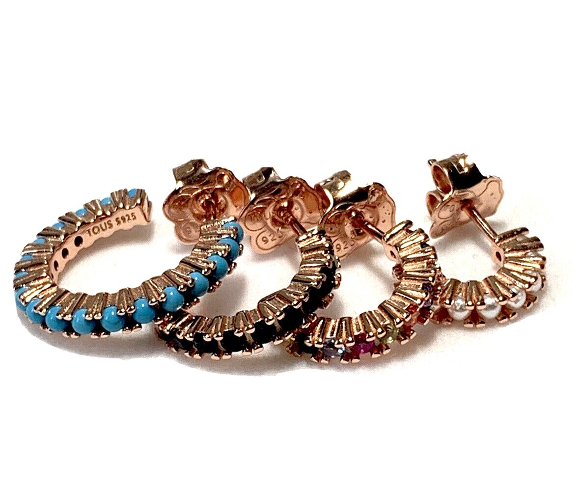 Tous Pack of Straight Earrings in Rose Silver Vermeil w/ Gemstones