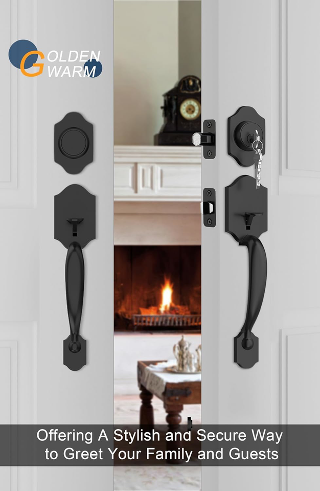 Goldenwarm Double Front Door Lock Set, Black Double Door Handle with