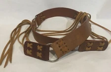 SOUTHWEST Genuine LEATHER BELT Strap Western Tack LONG FRINGED Ends METAL RINGS
