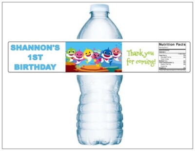 14 BABY SHARK WATERPROOF FULL WRAP pool Birthday Water Bottle Label Personalized