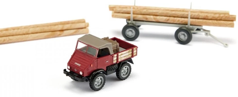 WIKING 087006 Scala HO Unimog U 411 con rimorchio trasporto tronchi anno 1956-74 - Immagine 2 di 3