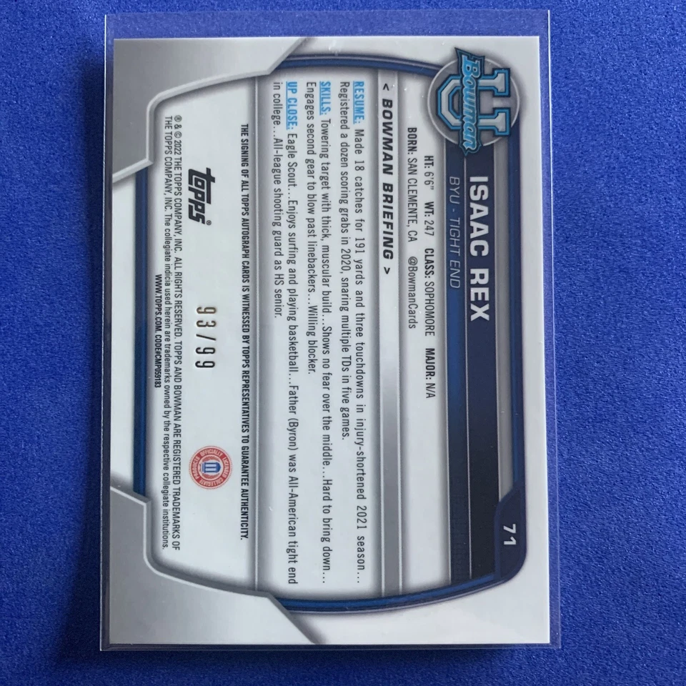 2022 Bowman Chrome U 1st  - Isaac Rex Green Refractor Auto /99 - BYU - Image 2 of 4