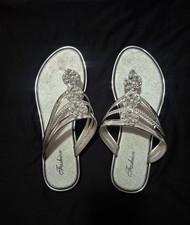 Fashion Silver Rhinestone Slip-On Flat Sandals Synthetic Women's Size 9