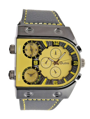 Dual Timer Herrenuhr Gelb Schwarz Farben Leder Armband Männer Uhr im Chrono Look