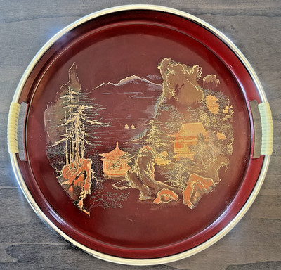 VTG Tray TOYO Japan Lacquer Serving Red Gold Asian Scene 13  MCM~BEAUTIFUL