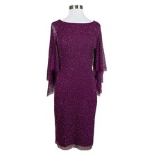Adrianna Papell Women's Cocktail Dress Size 4 Purple Beaded Long Sleeve Sheath