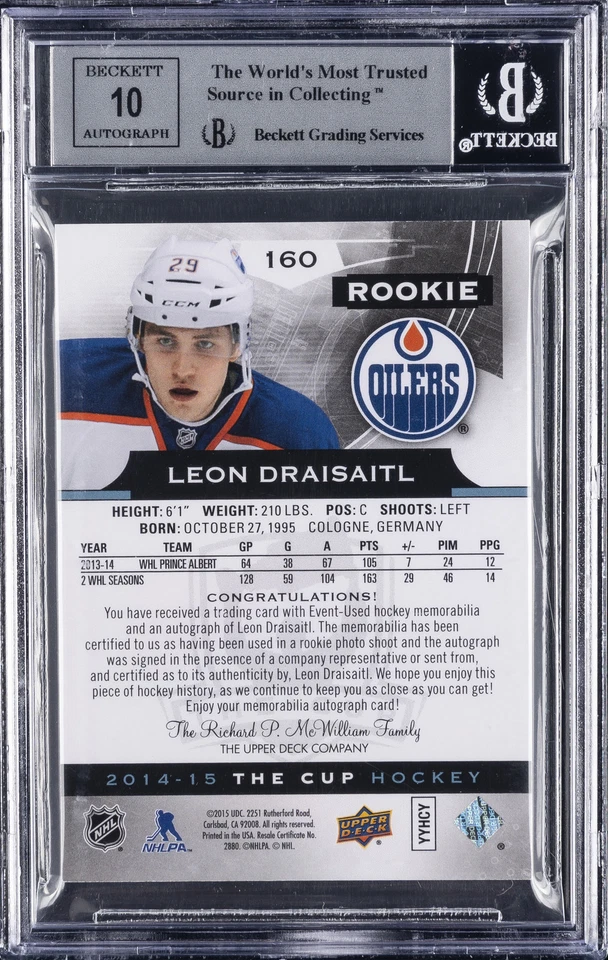 2014-15 THE CUP JERSEY AUTO #160 LEON DRAISAITL BGS 9 AUTO 10 - Image 2 of 2