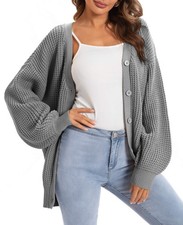 QUALFORT Women's 100% Cotton Oversized ButtonDown Knit Cardigan Heather Grey S