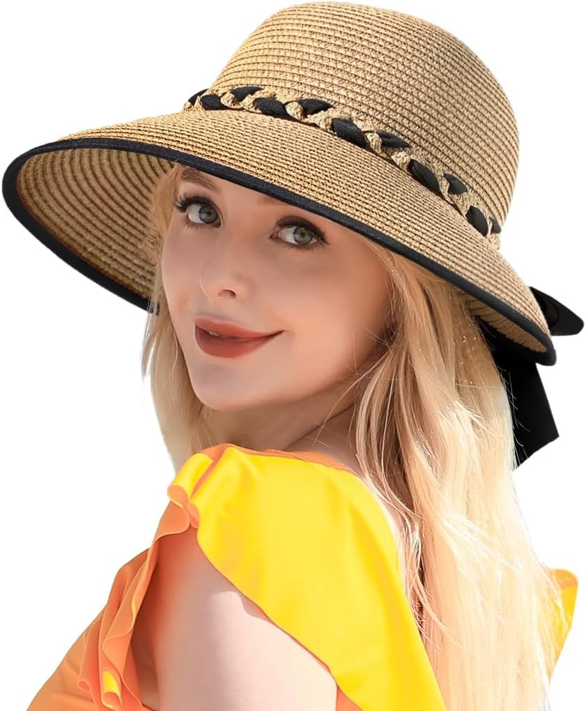 Women\'s Beach Sun Straw HatsUPF 50+ UV Sun Protection Wide Brim Deep Khaki Sun Hats for Women, Straw Beach UPF 50+ UV Protection  main image 4