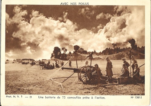 Vintage World War I French Postcard "Camouflaged Battery Of 75 Ready For Action"