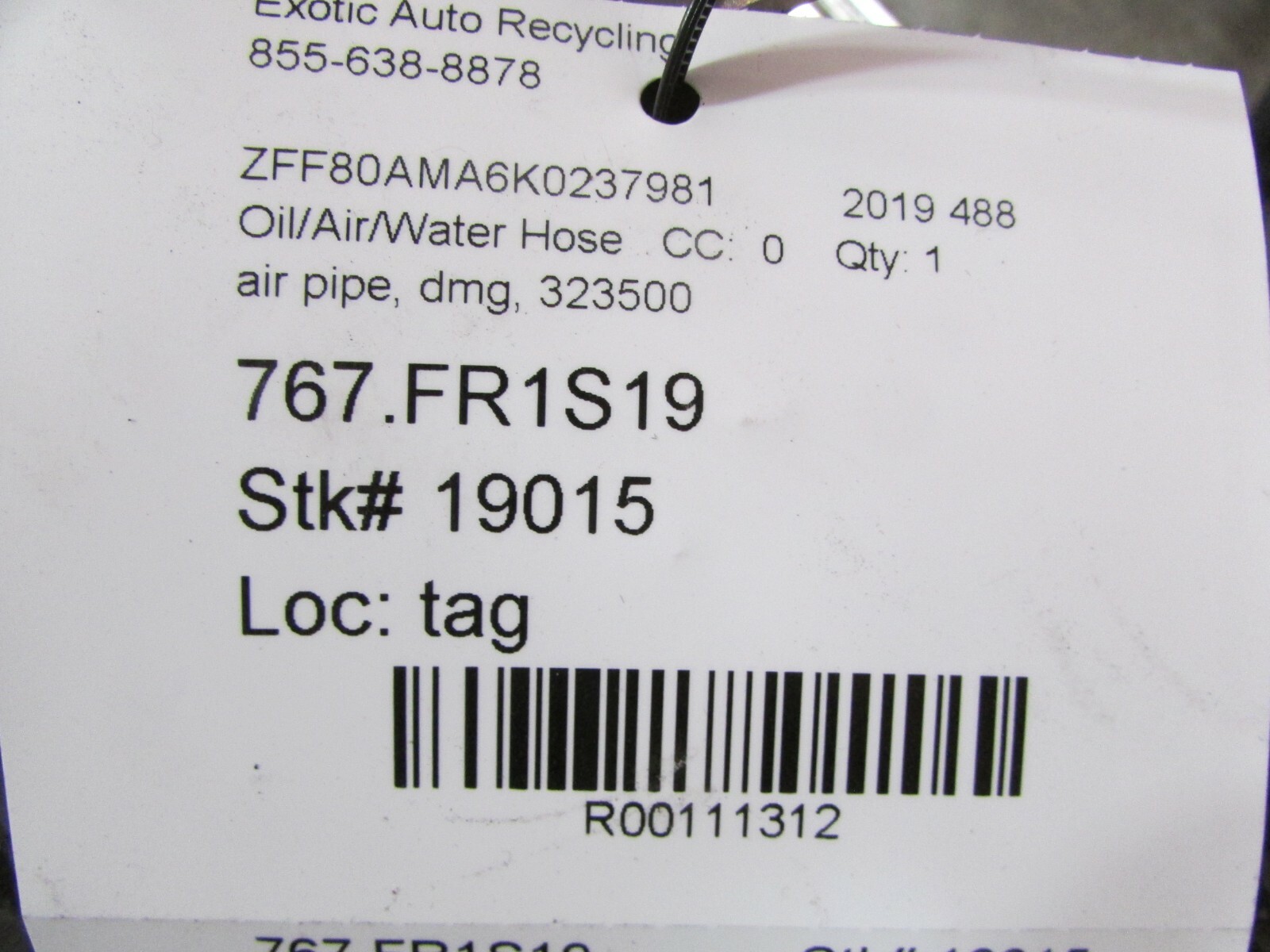 Ferrari 488, Rear Rigid Air Pipe Hose, Used P/N 323500
