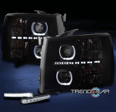 FOR 2007-2013 CHEVY SILVERADO U-BAR HALO LED BLACK/SMOKE PROJECTOR HEADLIGHT+DRL