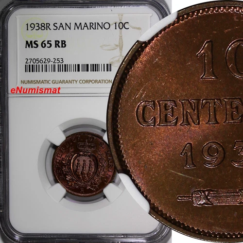 San Marino Bronze 1938 R 10 Centesimi NGC MS65 RB Mintage-400,000 KM# 13 (253)