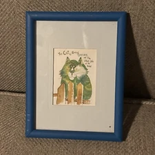 Framed DON NEDOBECK Art Print THE CAT Grass IS ALWAYS GREENER ON OTHER SIDE 4x3