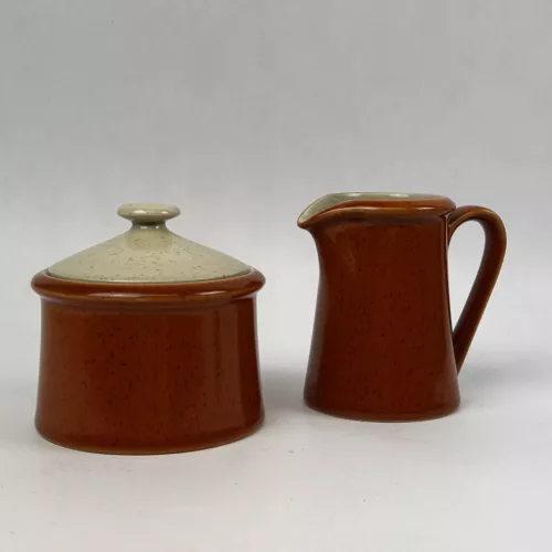 Imperial W. Dalton Stoneware Creamer Sugar w lid Set Speckled Tangerine Vtg MCM