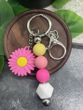4" Silver-Tone Silicone Beaded Charm Keychain New Free Ship Flower A4108