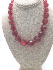 Cherry Red Necklace Faceted Graduated Acrylic Beads 18" Single Strand