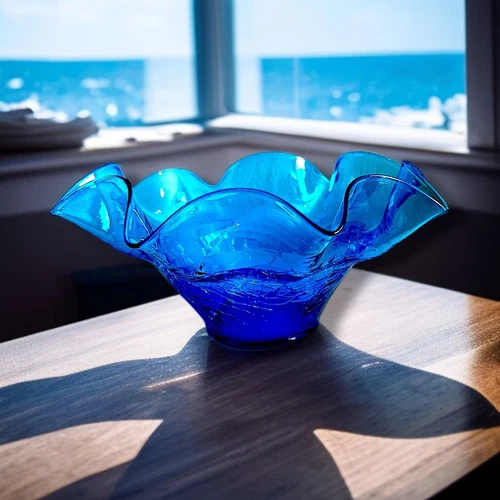 Vintage Blenko Glass 3744x Turquoise Blue Crackle Glass Bowl Mid Century Modern
