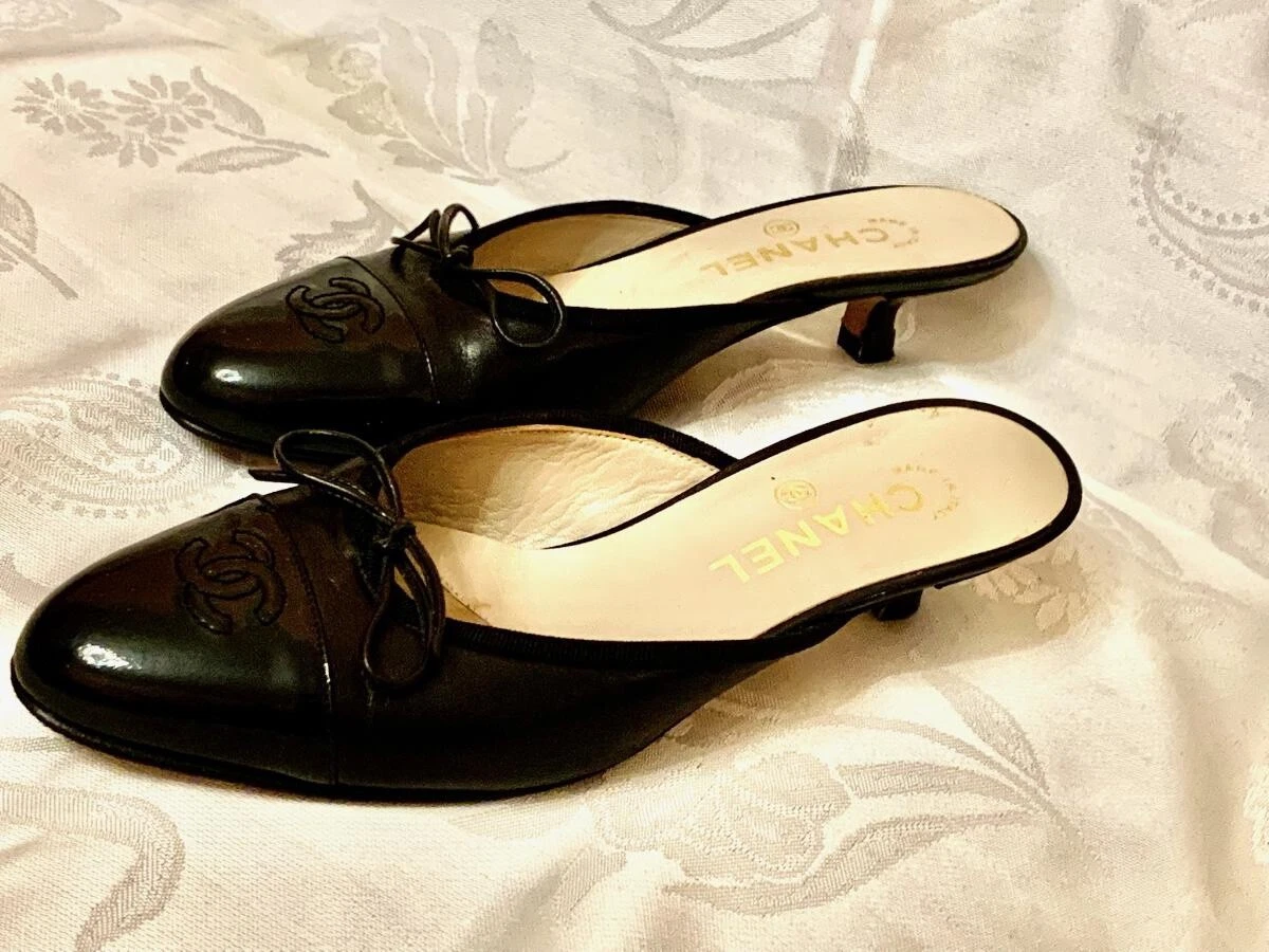 CHANEL Leather Camellia SHOES Black Mules CC Logo Pumps 3"