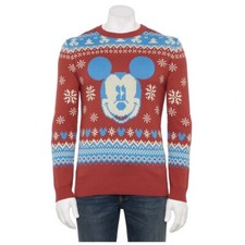 Disney Mickey Mouse Christmas Sweater Red w/ Snowflakes Tree Men s Size L NEW