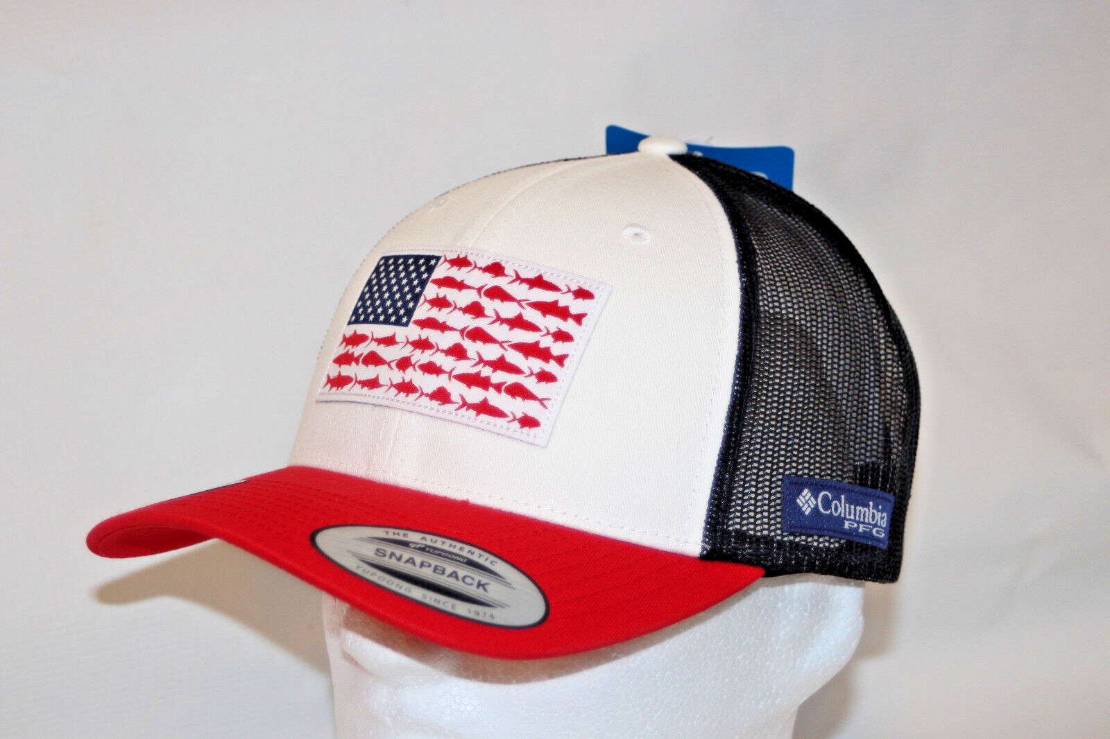 Gorra bola de malla a presión de corona media Columbia PFG PFG en rojo, blanco y azul