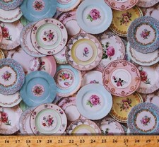 Cotton Tea Plates Tea Party Dishes Platters Fabric Print by the Yard D778.82