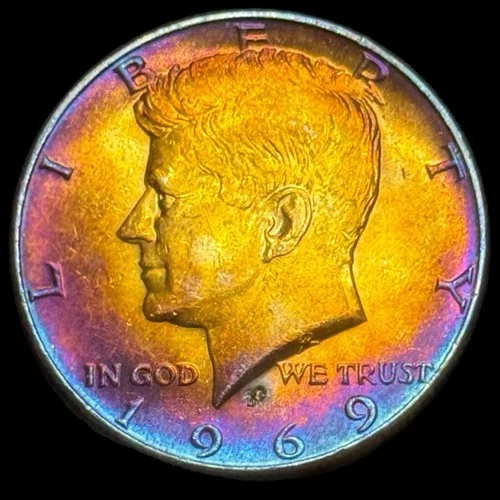Kennedy Half Dollar 1969 D 40% Silver Monster Rainbow Toning Uncirculated